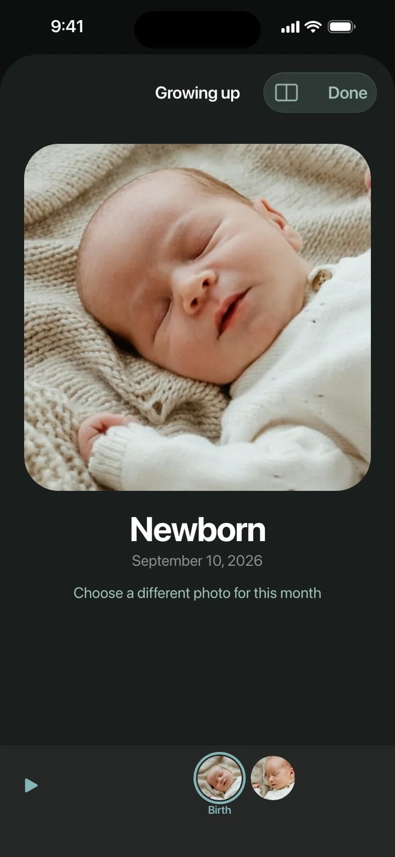 Recreated app screen: Our Little World's Growing up screen open on Nora's Newborn page, a photo of her asleep on a knit blanket taken September 10, 2026.