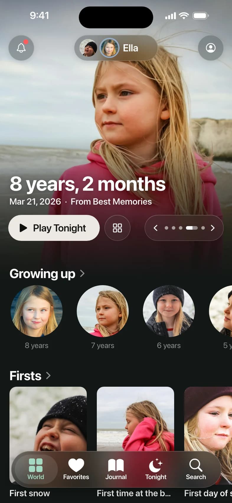 Recreated app screen: Ella's space in Our Little World at 8 years, 2 months, with Growing up portraits at 8, 7, 6 and 5 years and Firsts like First snow below.