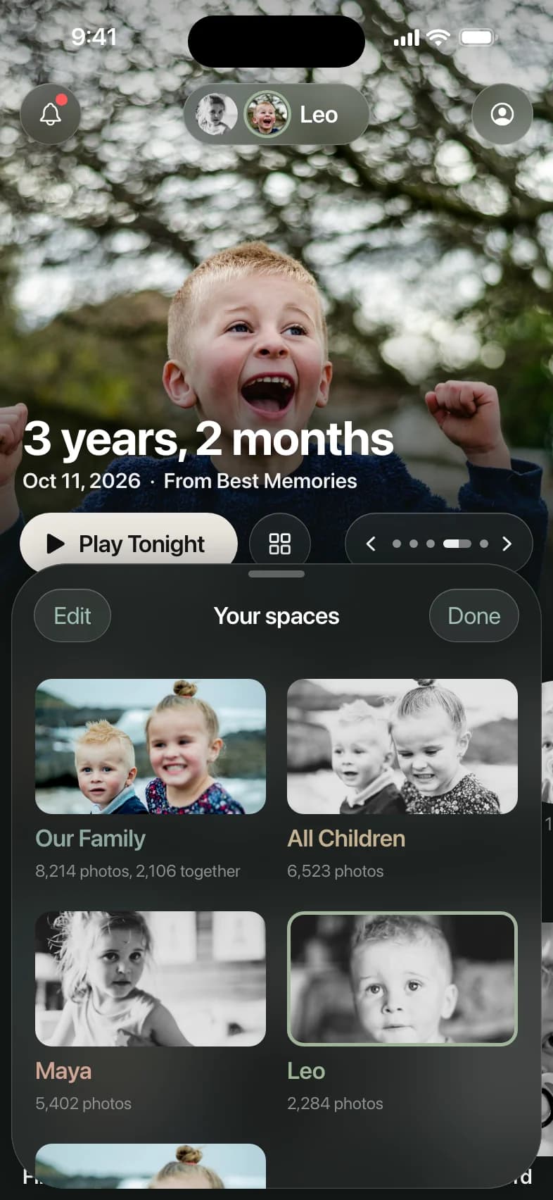 Recreated app screen: the Your spaces sheet, with Our Family showing Maya and Leo together by the sea, All Children, Maya and Leo, each with its own cover photo and photo count, and a Together space below.