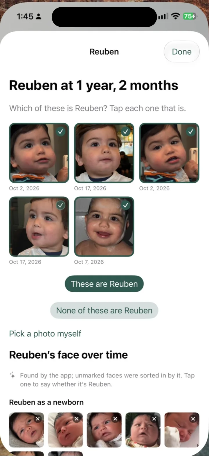 Our Little World asking which of five photos show a child at 1 year, 2 months, with each one ticked and a button to confirm them