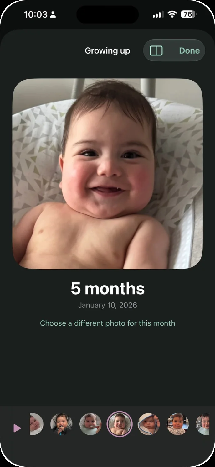 The Growing up screen in Our Little World, showing a smiling baby's photo for the month they turned 5 months