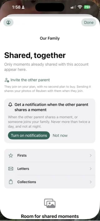 The Our Little World family screen with an Invite the other parent link, which says they join on your plan with no second plan to buy