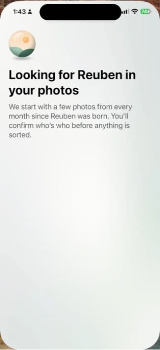 The Our Little World screen that looks for a child in your photos, starting with a few from every month since they were born