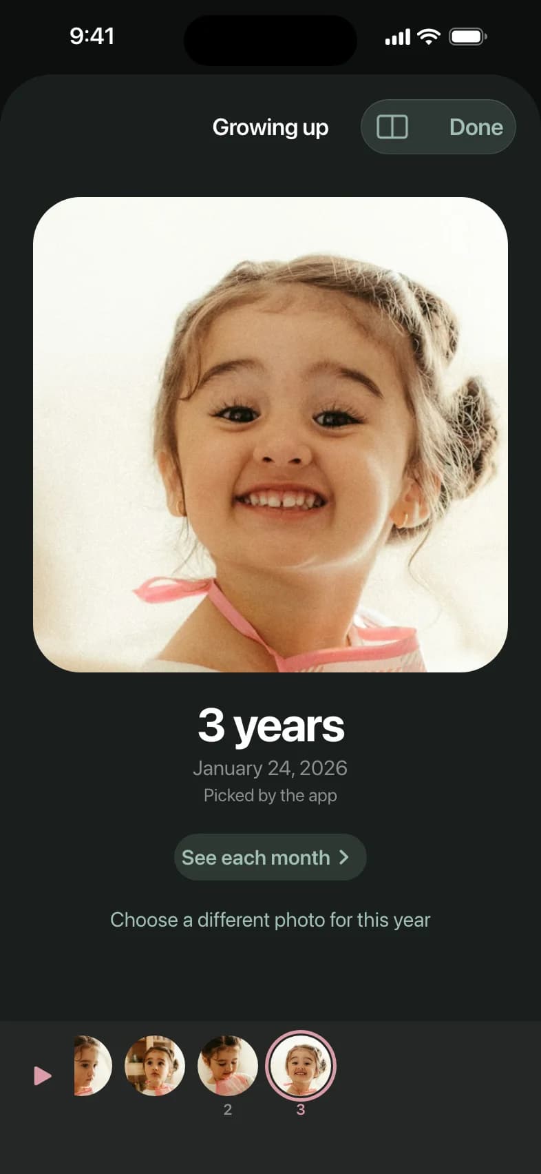 Recreated app screen: Growing up open on Ava's 3 years page, a photo of her smiling marked Picked by the app, with her earlier pages in the strip below.