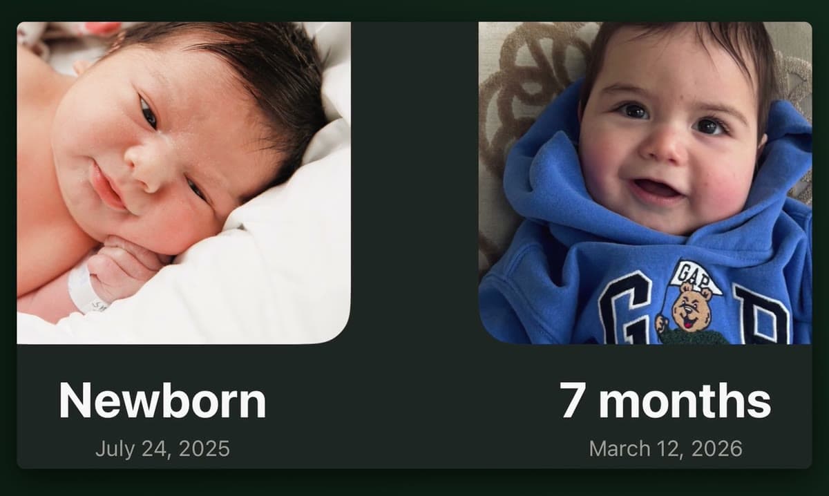 Growing up on iPhone Duo: Reuben as a newborn and at 7 months, side by side, with the date of each photo.