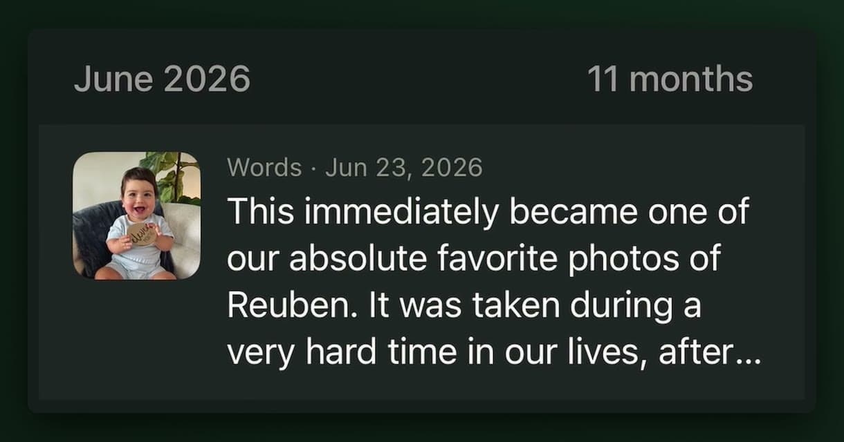 Journal on iPhone Duo: a June 2026 entry with the photo's thumbnail and the start of the words saved to it.