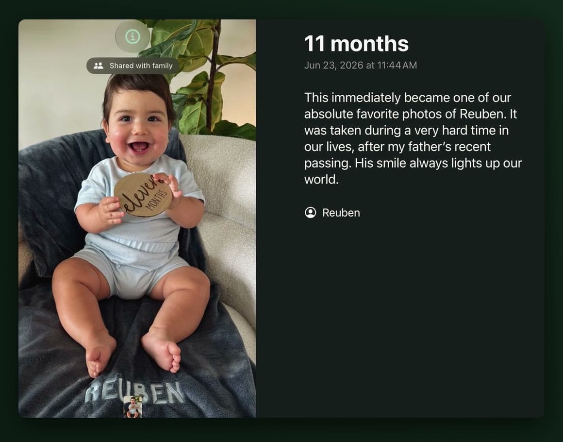 On iPhone Duo, a photo of Reuben at 11 months on one side and the words his dad saved about it on the facing Story page.