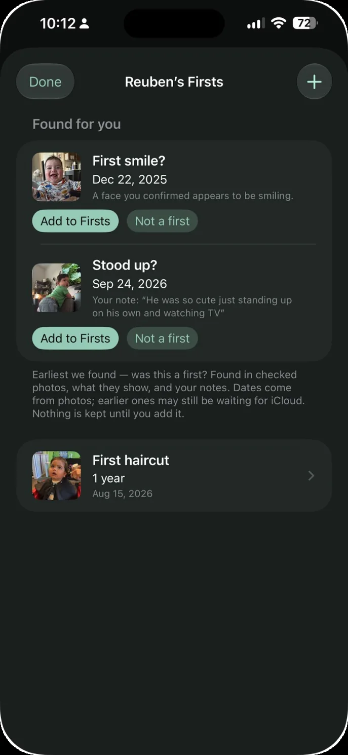 A child's Firsts in Our Little World, with a suggested first smile and a saved first haircut
