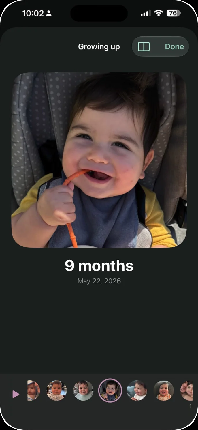 The Growing up screen in Our Little World, with one portrait for each month