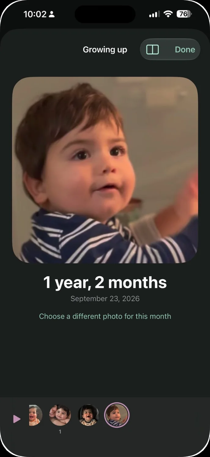 The Growing up screen in Our Little World, showing a portrait at 1 year, 2 months