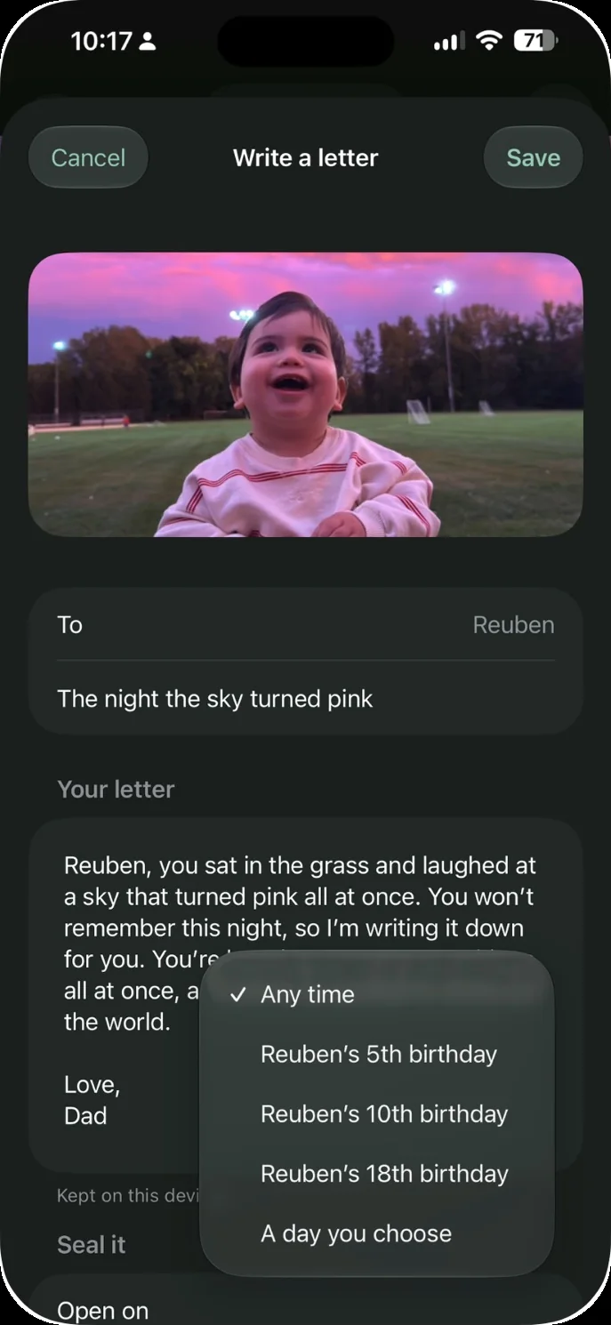 A letter written on a photo in Our Little World, with a menu to choose when it opens