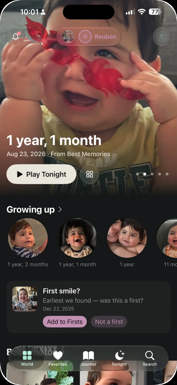 Our Little World's home screen for one child, with a featured photo, a Growing up row and a suggested First