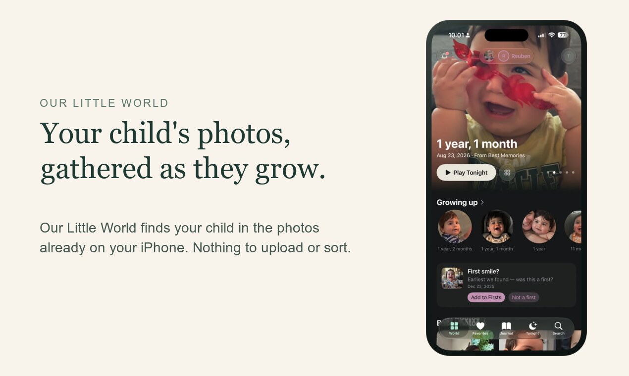 Our Little World's World screen on an iPhone, with a child's photo at 1 year, 1 month and a Growing up row, beside the line "Your child's photos, gathered as they grow."