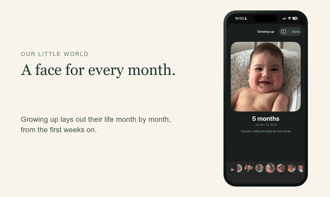 The Growing up screen on an iPhone, showing one portrait for the month a baby turned 5 months, beside the line "A face for every month."
