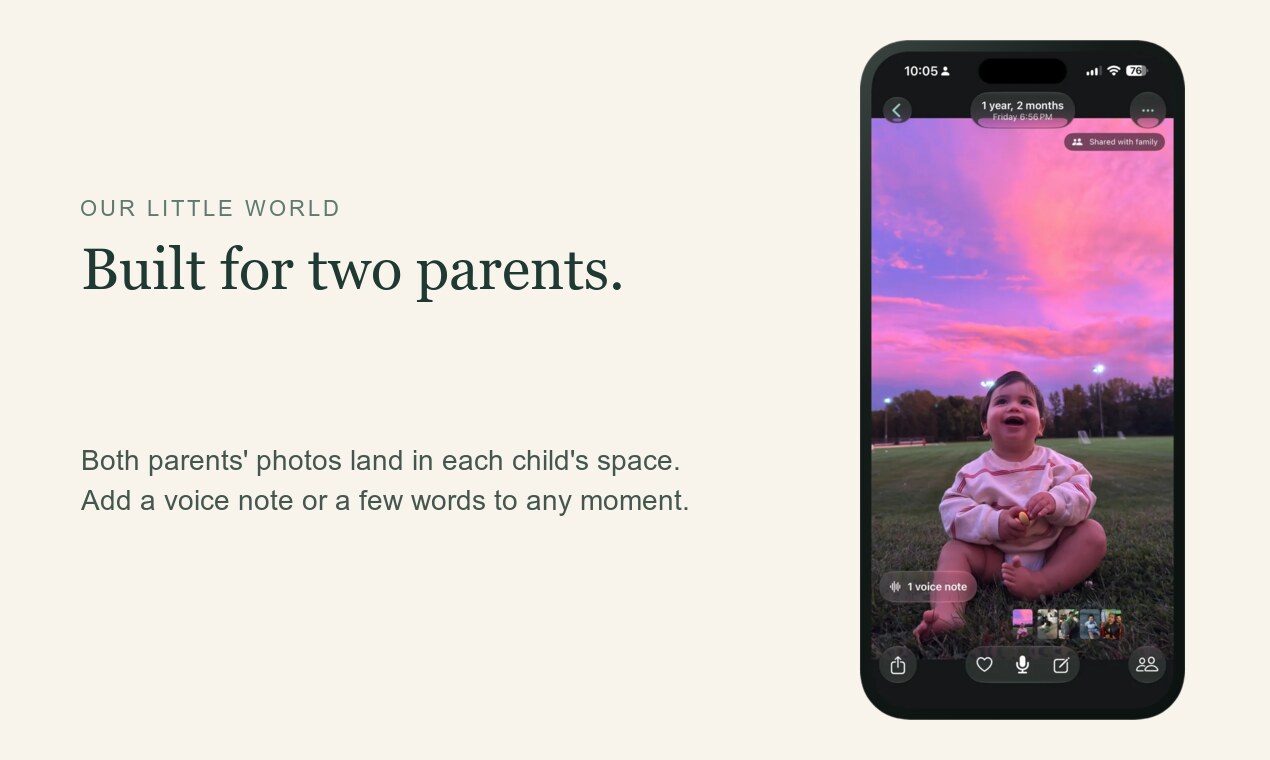 A moment in Our Little World on an iPhone, a baby sitting in the grass at sunset, beside the line "Built for two parents."