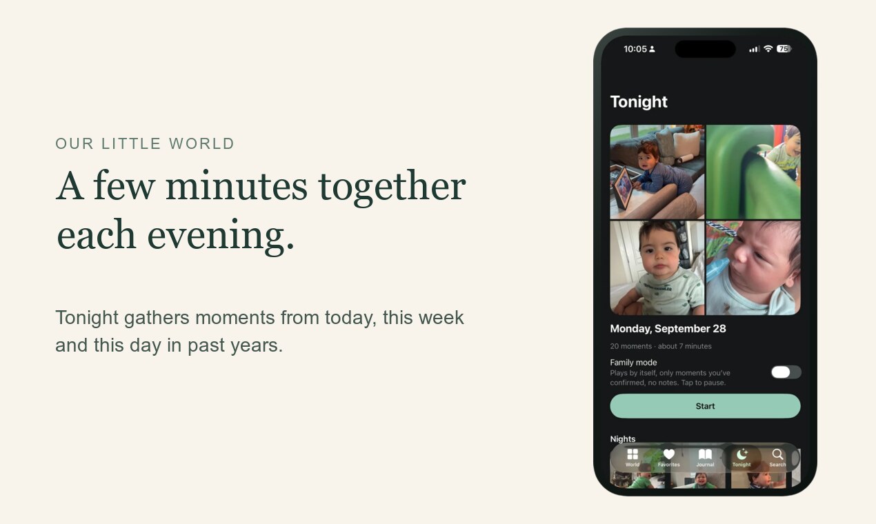 The Tonight screen on an iPhone, with a grid of the day's moments and a Start button, beside the line "A few minutes together each evening."