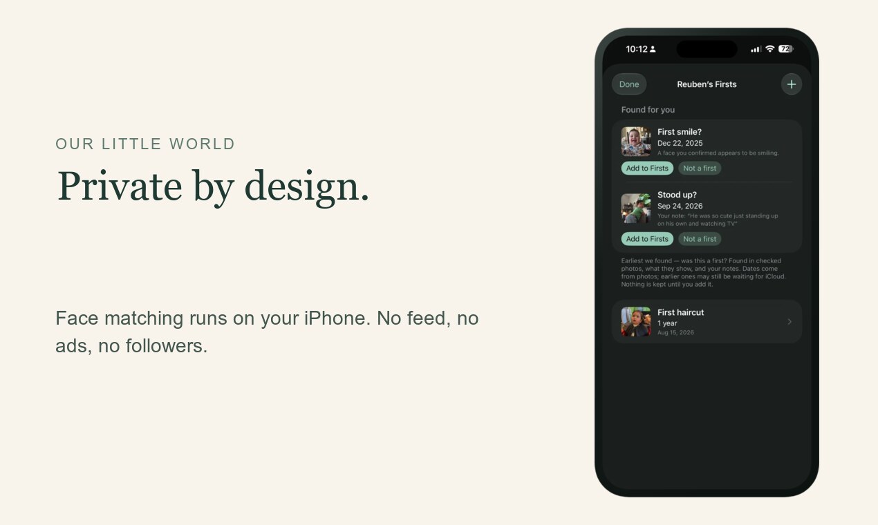 Suggested Firsts in Our Little World on an iPhone, such as a first smile and first steps, beside the line "Private by design."