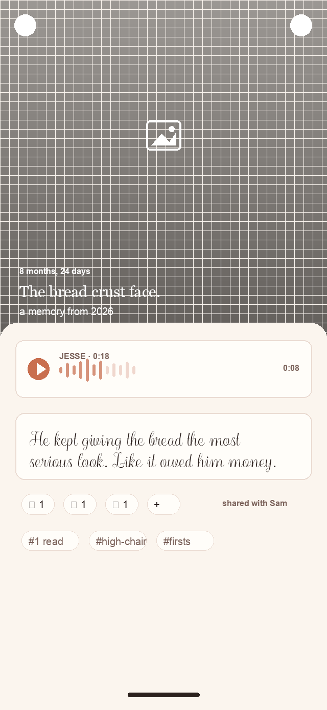 A saved memory with a photo, voice note, handwritten note, reactions, and tags